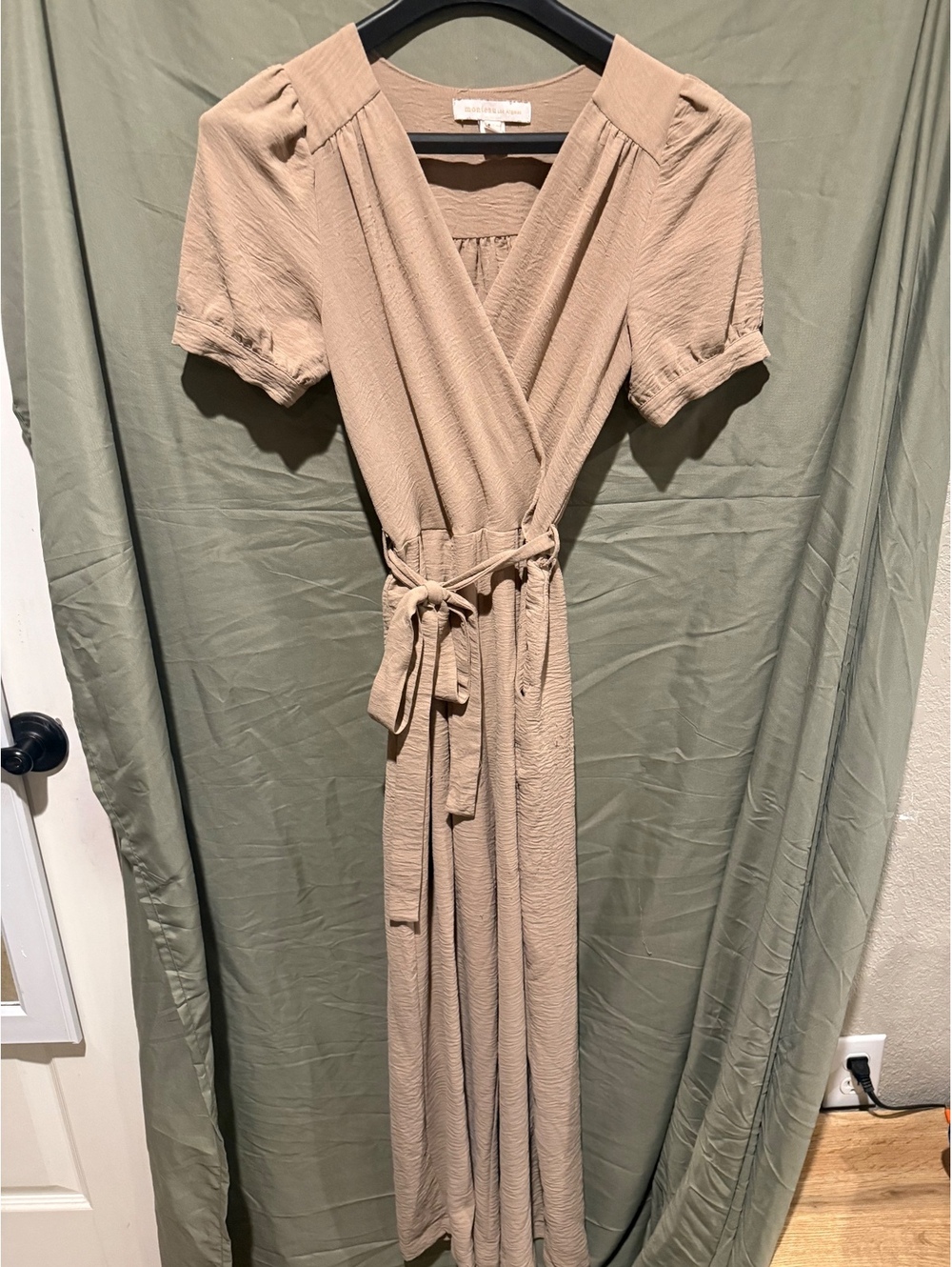 Beige short sleeve belted jumpsuit